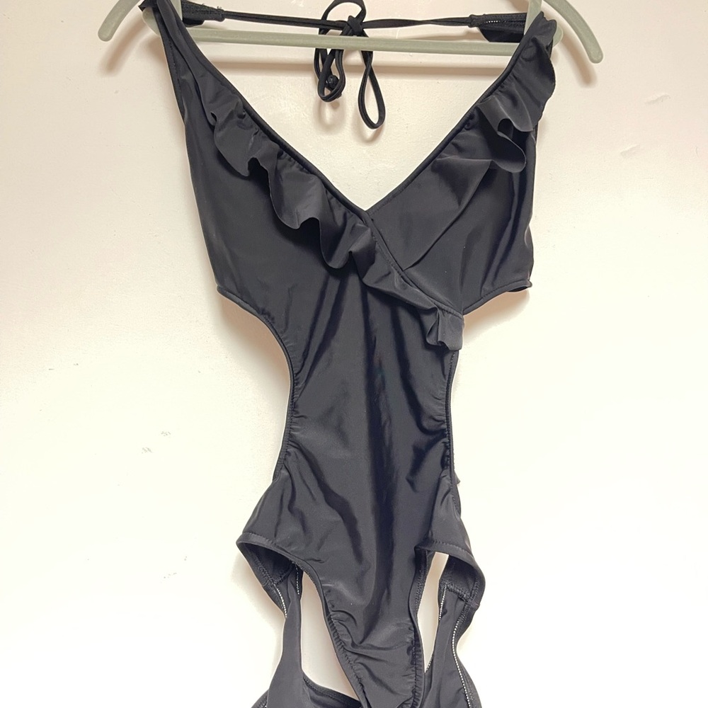 Xhilaration Black One Piece Swimsuit with Plunging Neckline and Ruffled Edges